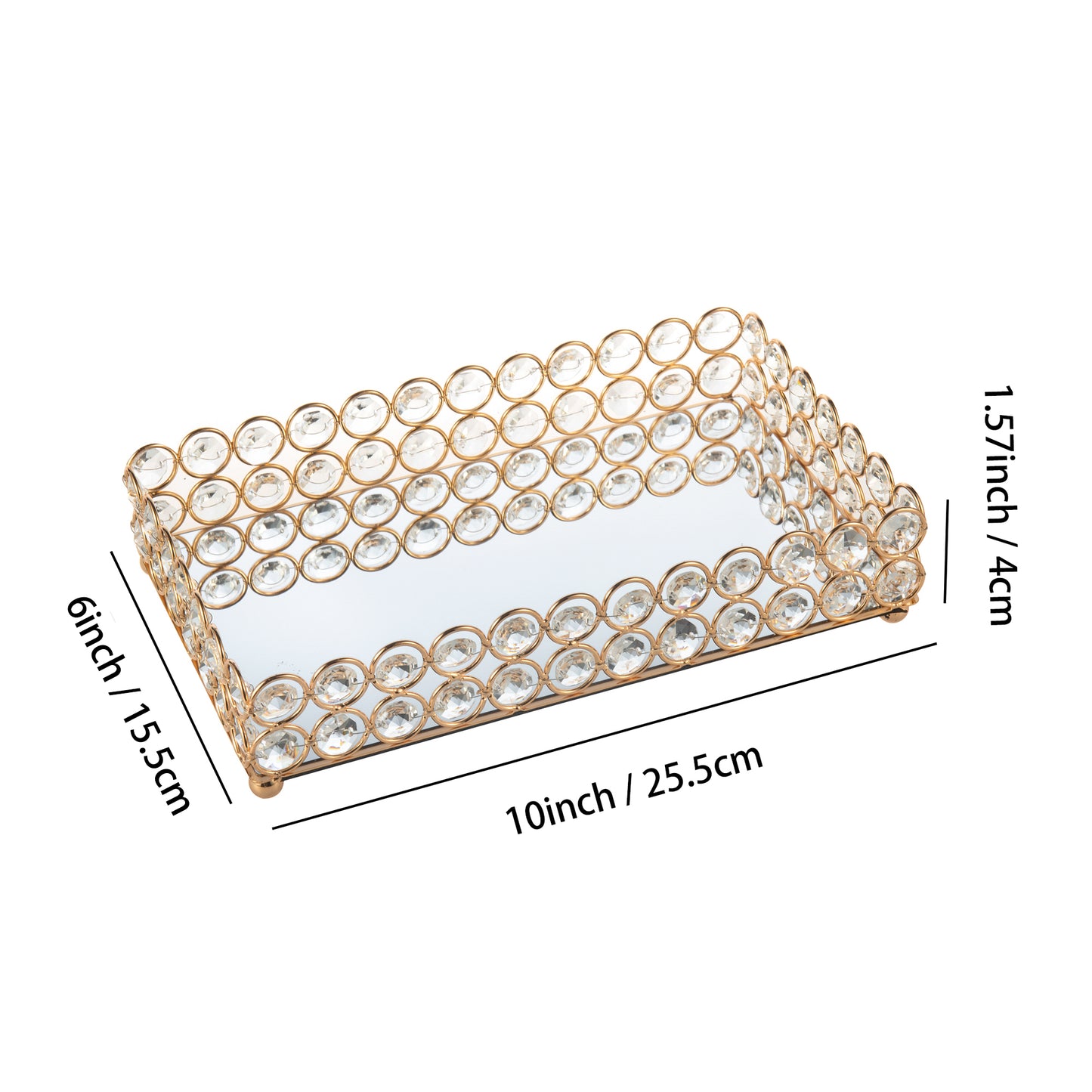 Crystal Makeup Organizer Tray size guide showing detailed product dimensions of 10 x 6 x 1.57 inches