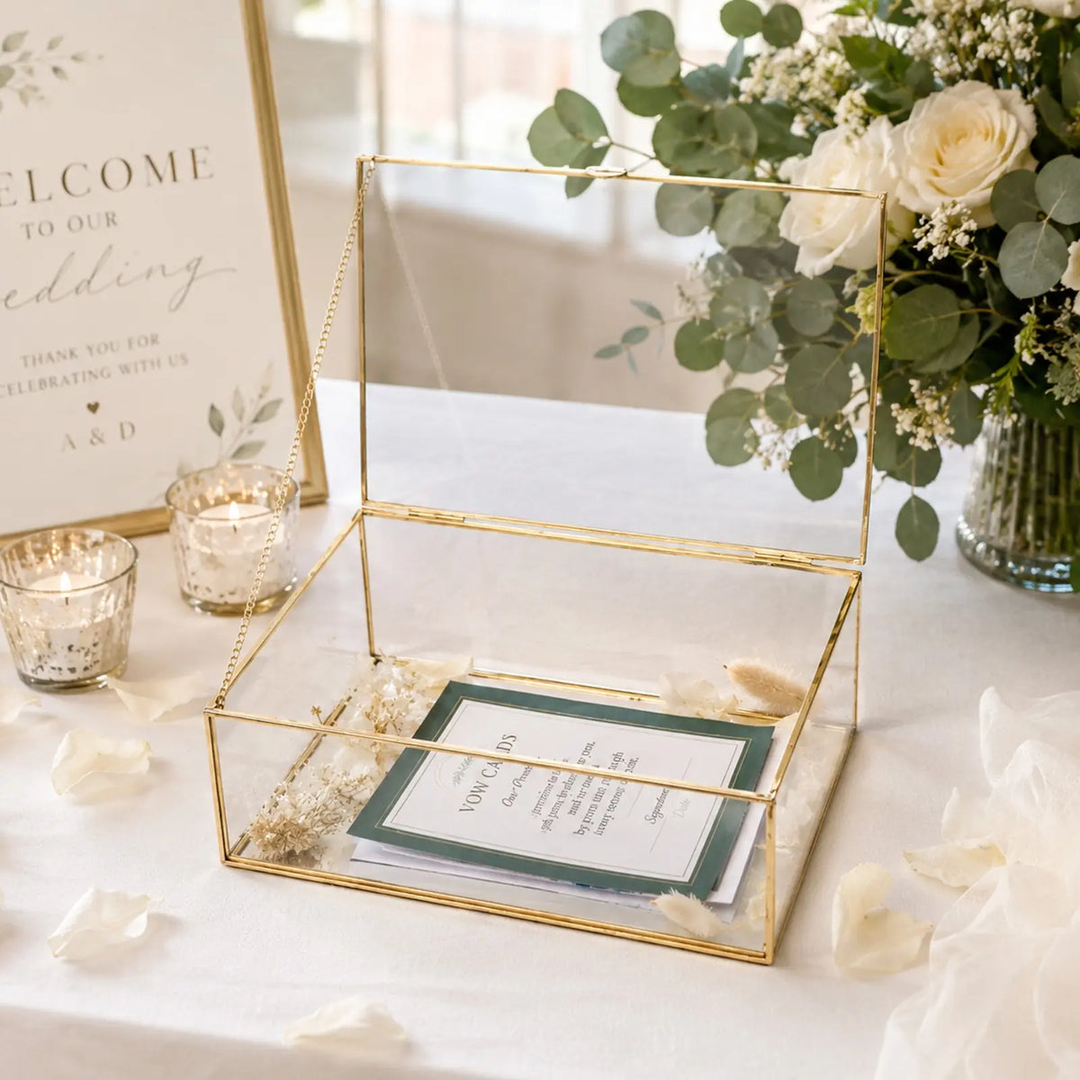 Gold Glass Keepsake Box with open lid creating an elegant romantic tabletop display