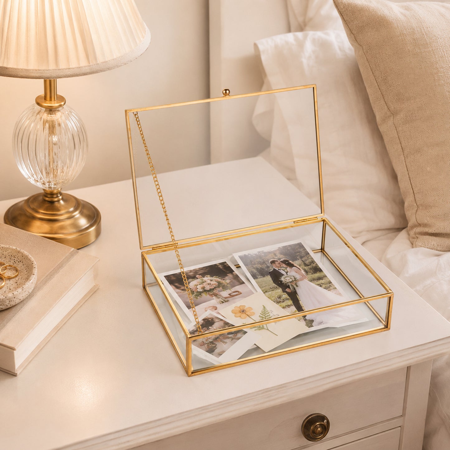 Gold Clear Glass Display Box holding photos on a nightstand for preserving meaningful memories