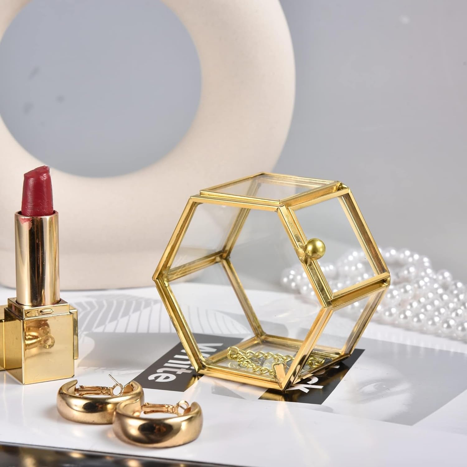 Small Mini Gold Glass Jewelry Box detail showing round handle design for easy opening