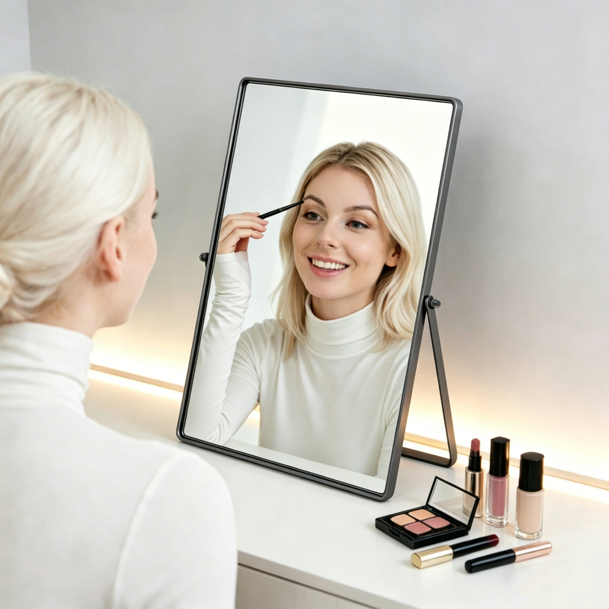 Black Tabletop Vanity Mirror Helping with Makeup and Grooming at a Dresser with a Wide Clear Viewing Area