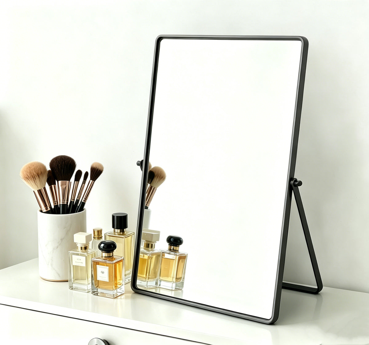 Vanity Mirror Displayed with Beauty Accessories on a Dresser for Makeup and Daily Grooming Routines