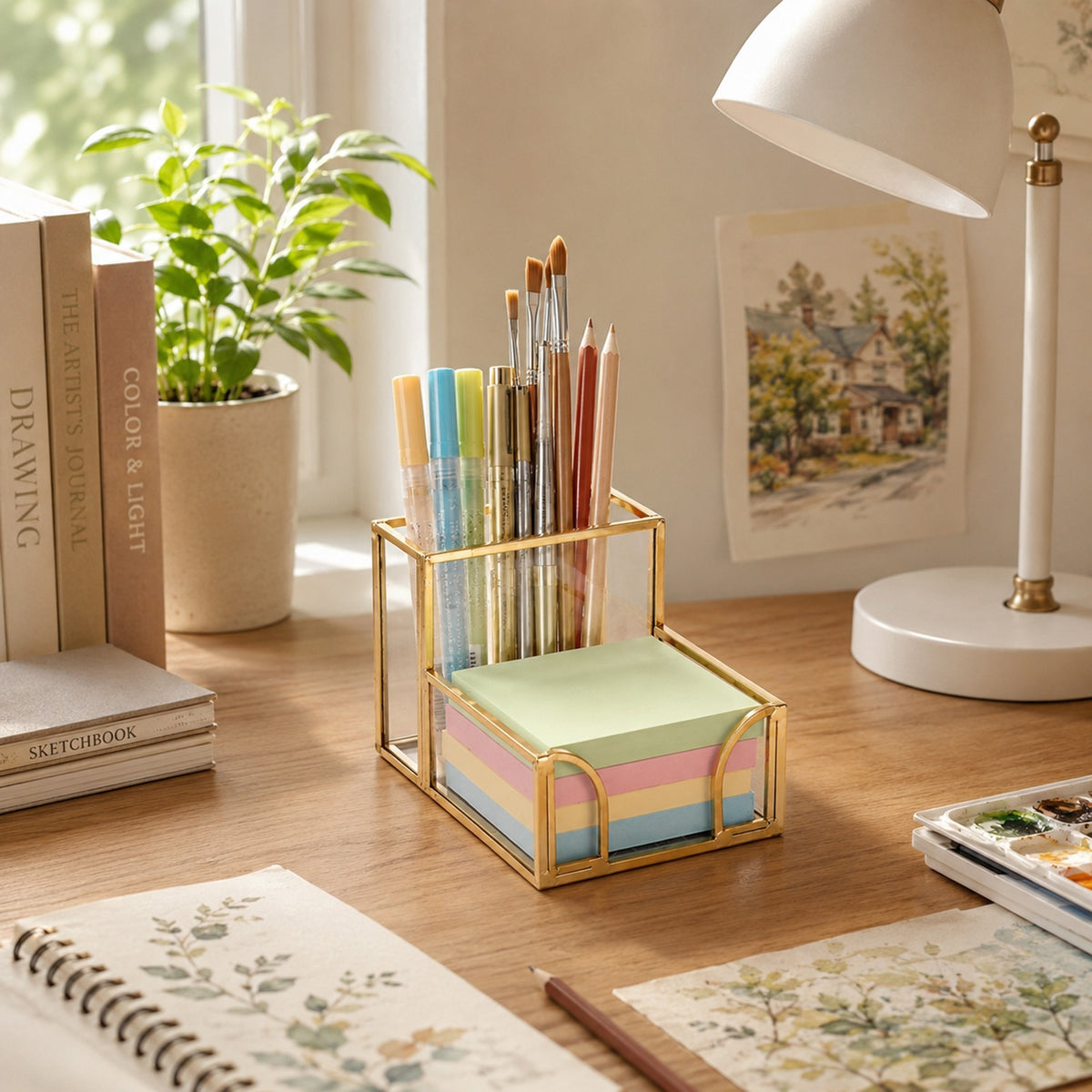 Feyarl Gold Glass Note Holder with Sticky Notes and Pens on Study Desk for Organized Learning Space
