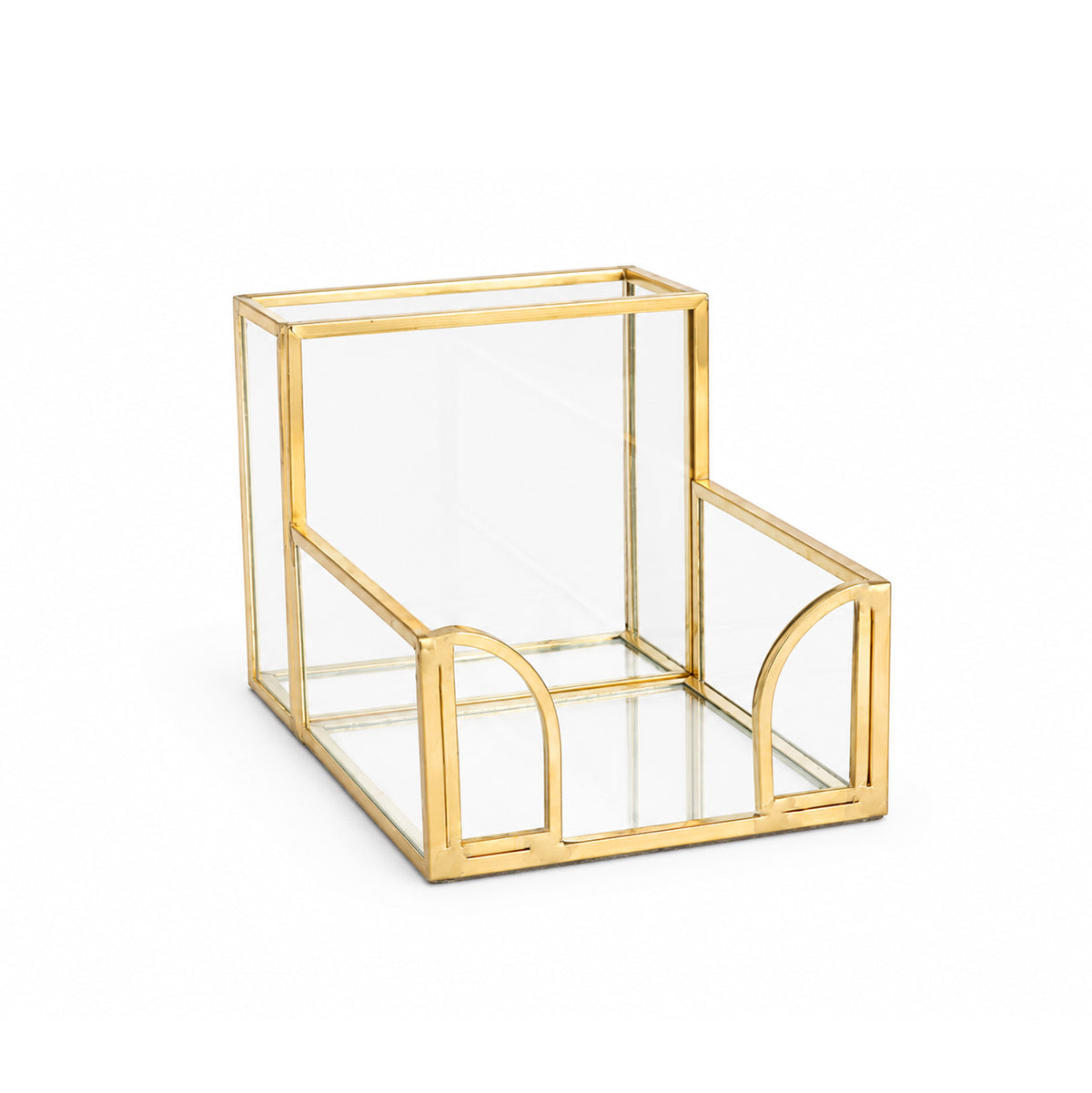 Feyarl Gold Glass Note Holder with Pen Cup and Sticky Note Compartment Desktop Organizer