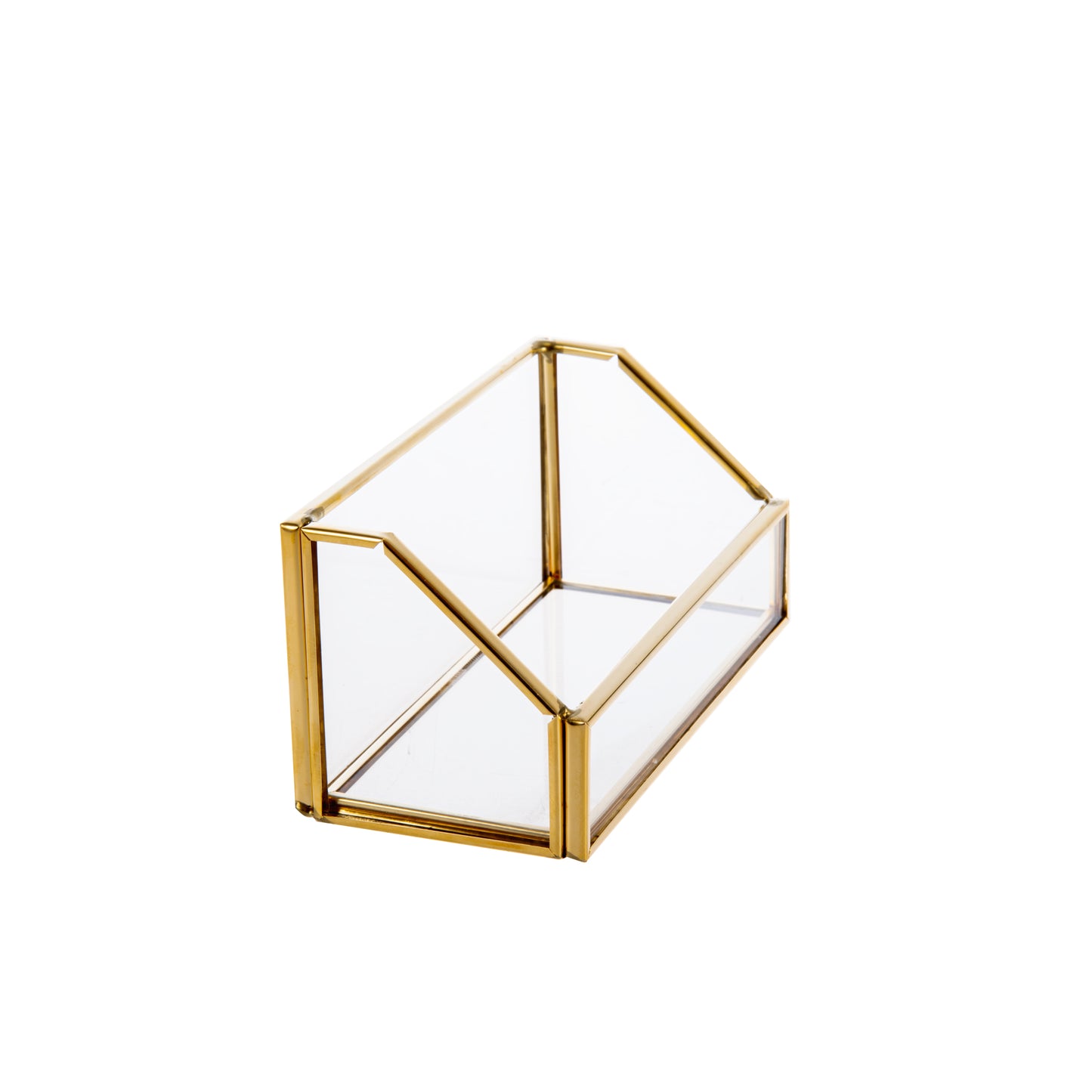 clear glass office card holder profile highlighting its compact shape and elegant desktop appearance