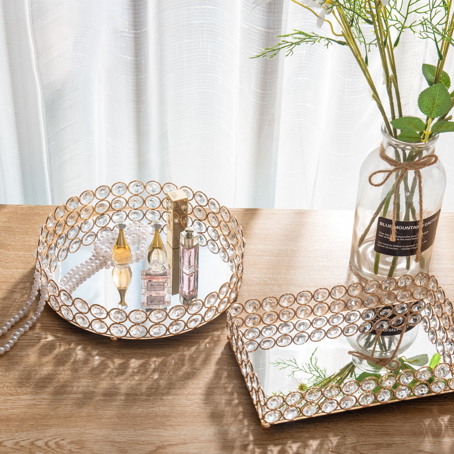 Elegant Crystal Makeup Organizer Tray on a balcony table, enhancing the stylish home atmosphere