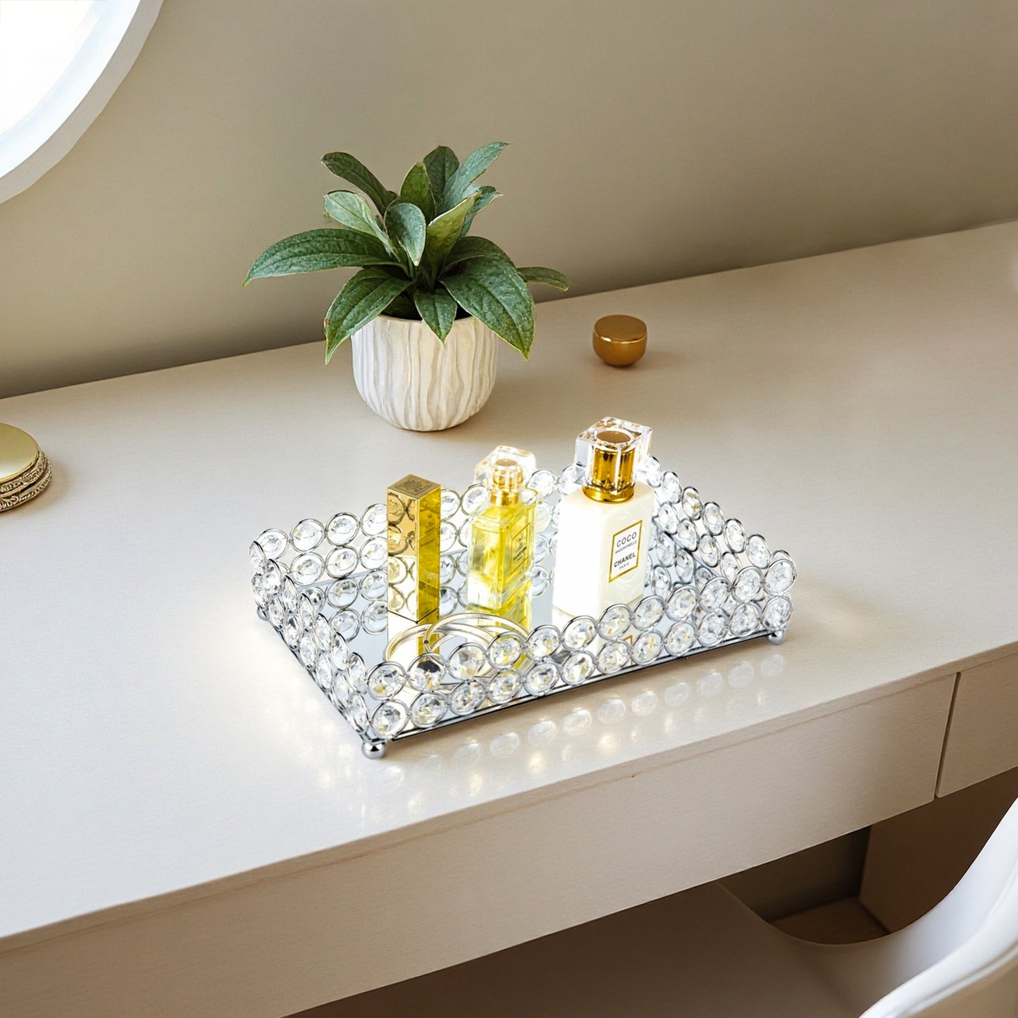 Decorative Crystal Makeup Organizer Tray on a vanity, enhancing a refined lifestyle space with sparkling reflections