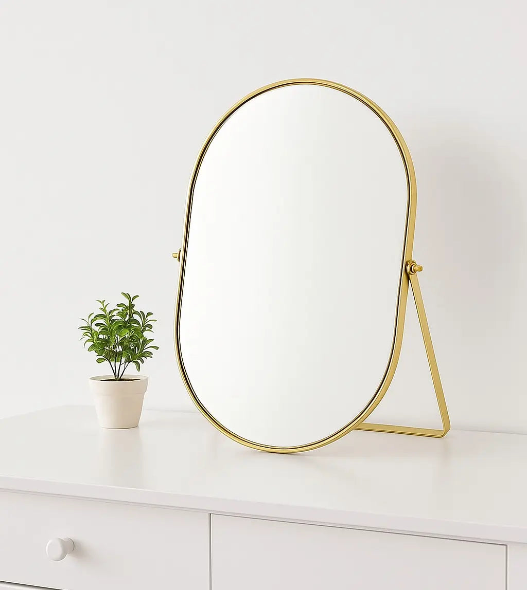 Feyarl Oval Vanity Mirror with Gold Frame on a Cabinet for Stylish Home Decoration