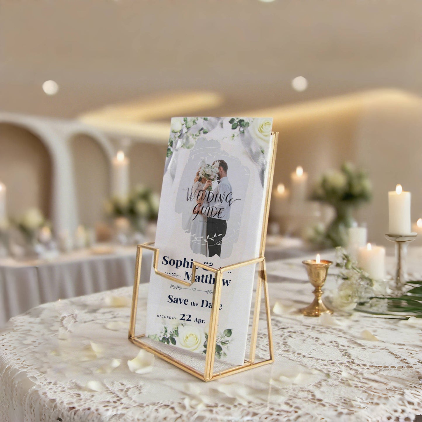 Feyarl glass brochure holder displaying wedding invitations at reception table