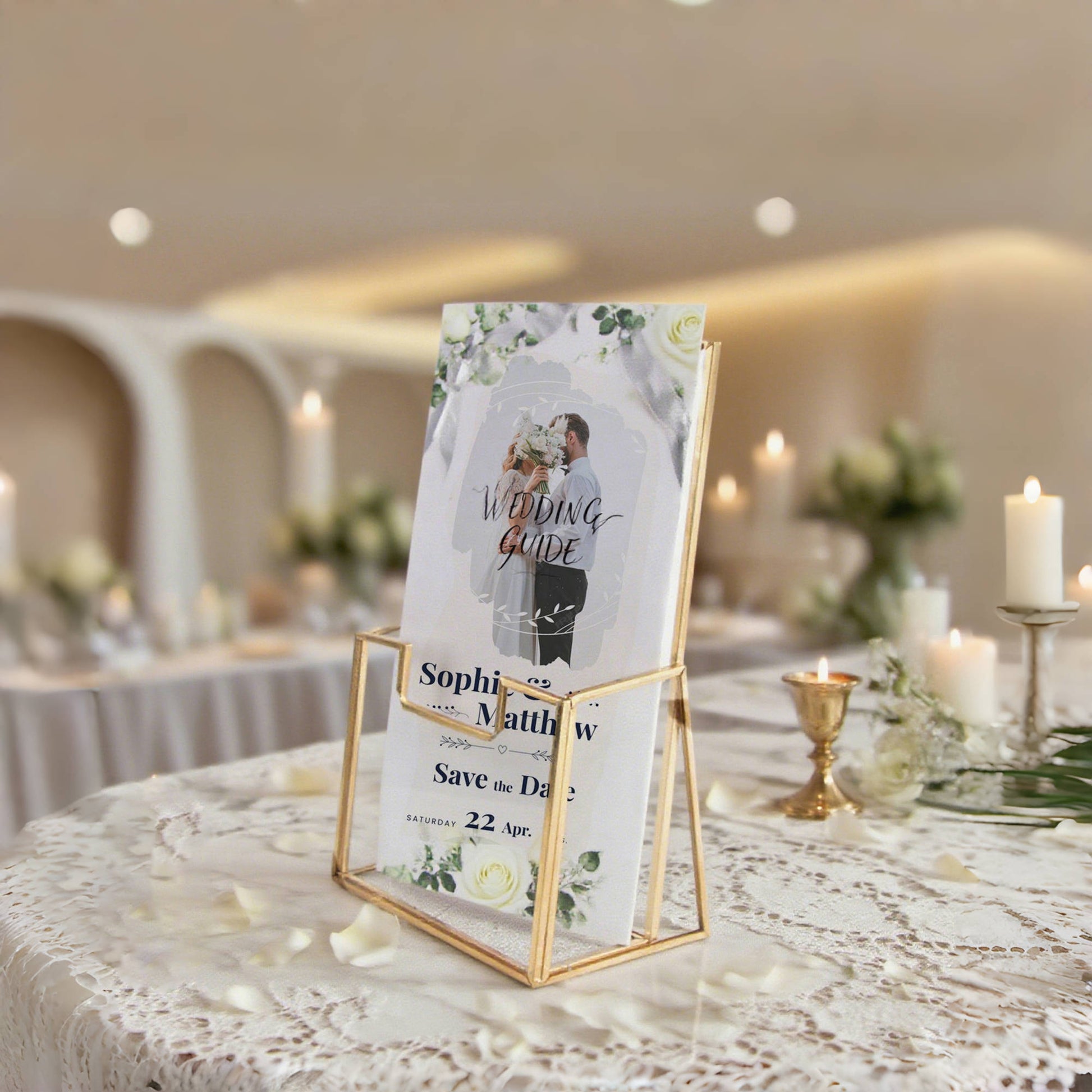 Feyarl glass brochure holder displaying wedding invitations at reception table