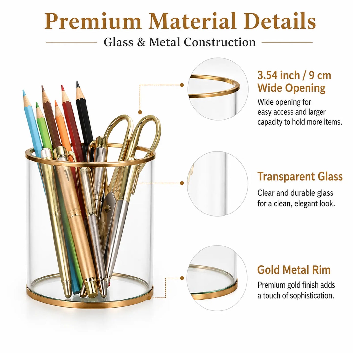 Storage Container detail showing a wide opening, durable clear glass, and premium gold metal rim