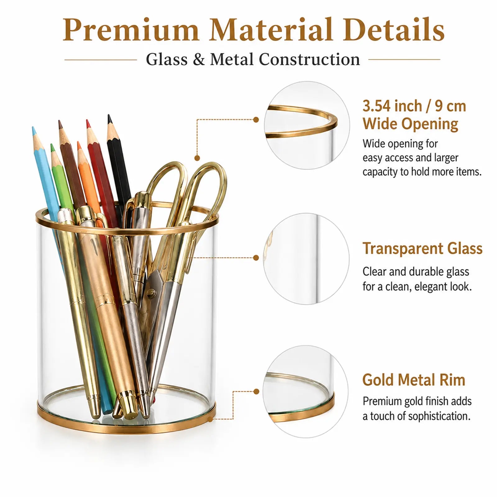 Storage Container detail showing a wide opening, durable clear glass, and premium gold metal rim
