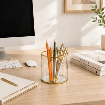 Multi-purpose Gold Glass Storage Container displaying pens on a desk with a clean and organized workspace