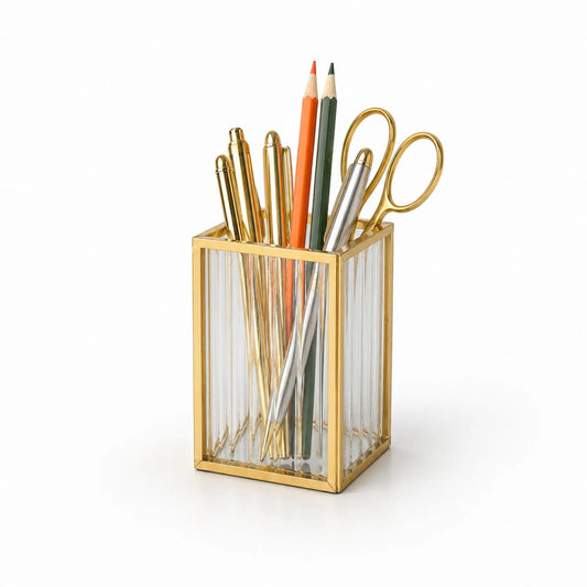Feyarl Ribbed Gold Glass Pen Holder with textured striped glass and gold metal frame for elegant desktop organization