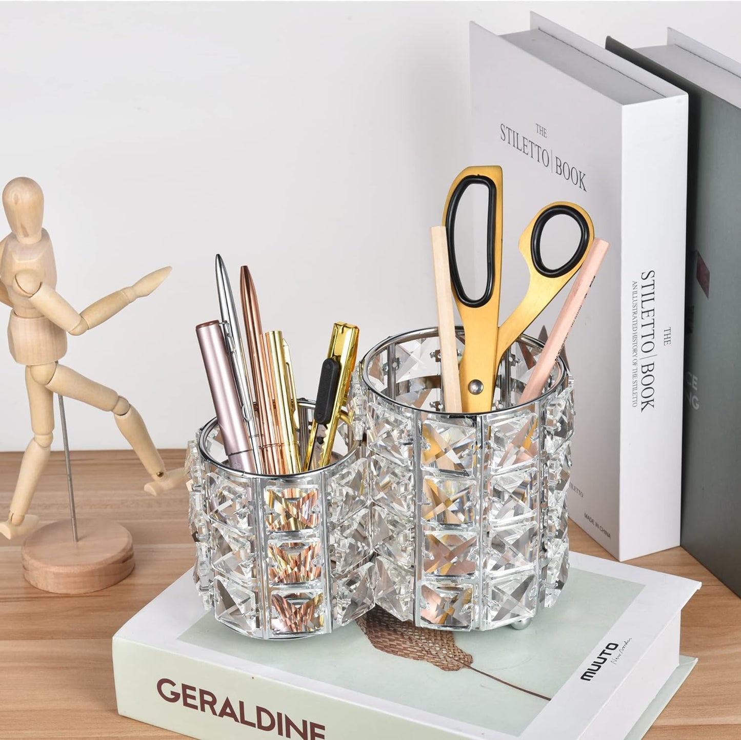 Crystal Makeup Brush Holder storing stationery with two compartments for spacious and organized storage