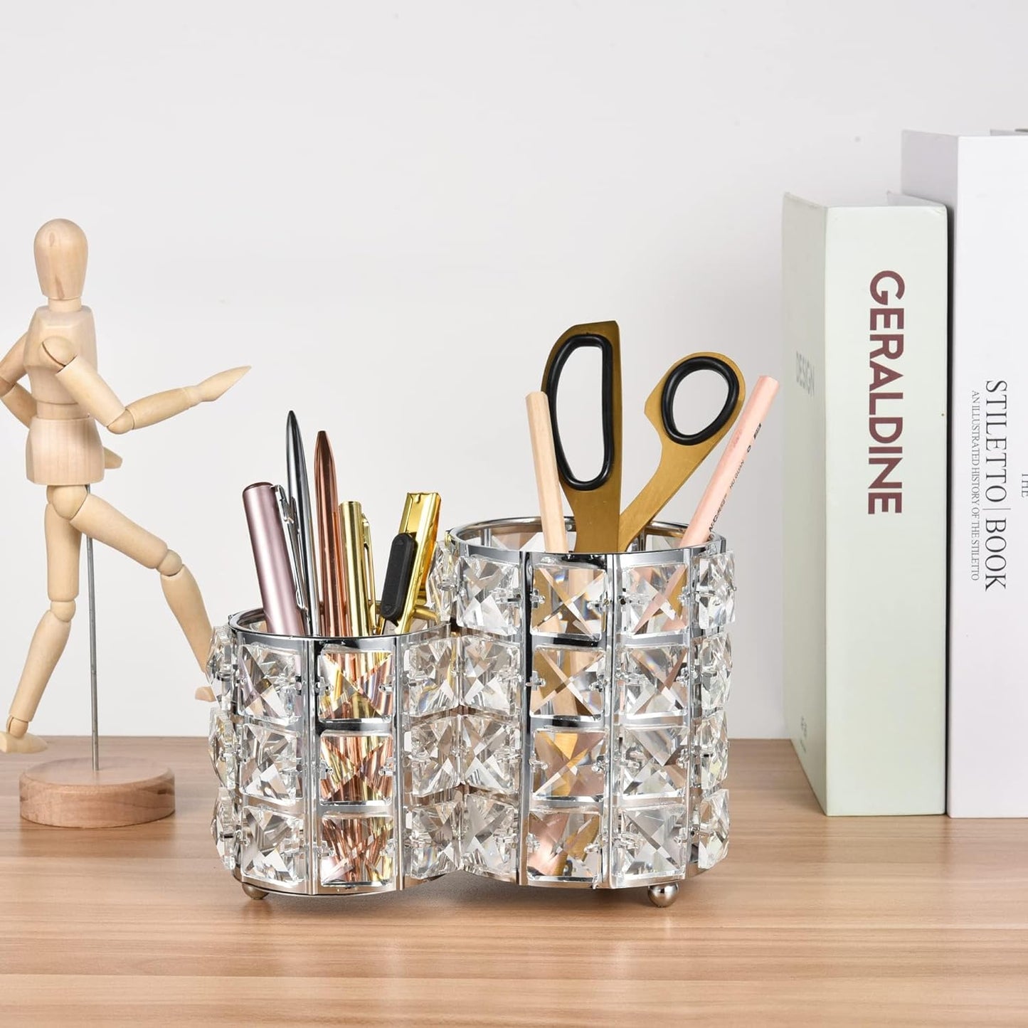 Crystal Brush Organizer holding pens and scissors for stylish organization on home and office desks