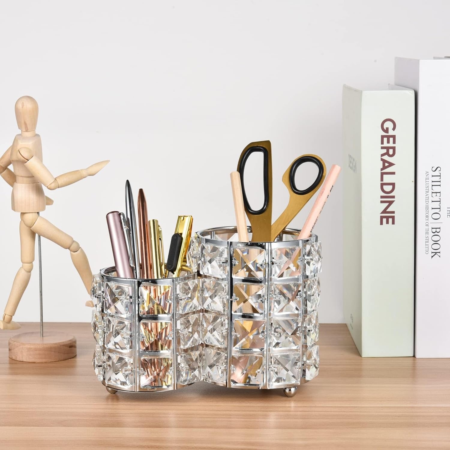 Crystal Brush Organizer holding pens and scissors for stylish organization on home and office desks