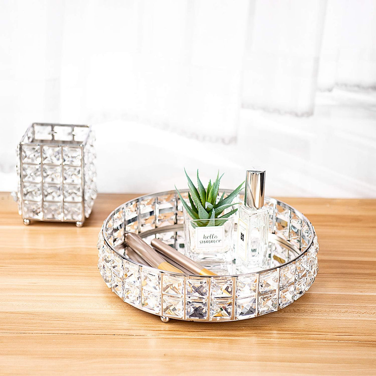 Decorative Crystal Perfume Tray with daily items arranged on top, adding elegance and style to everyday living spaces