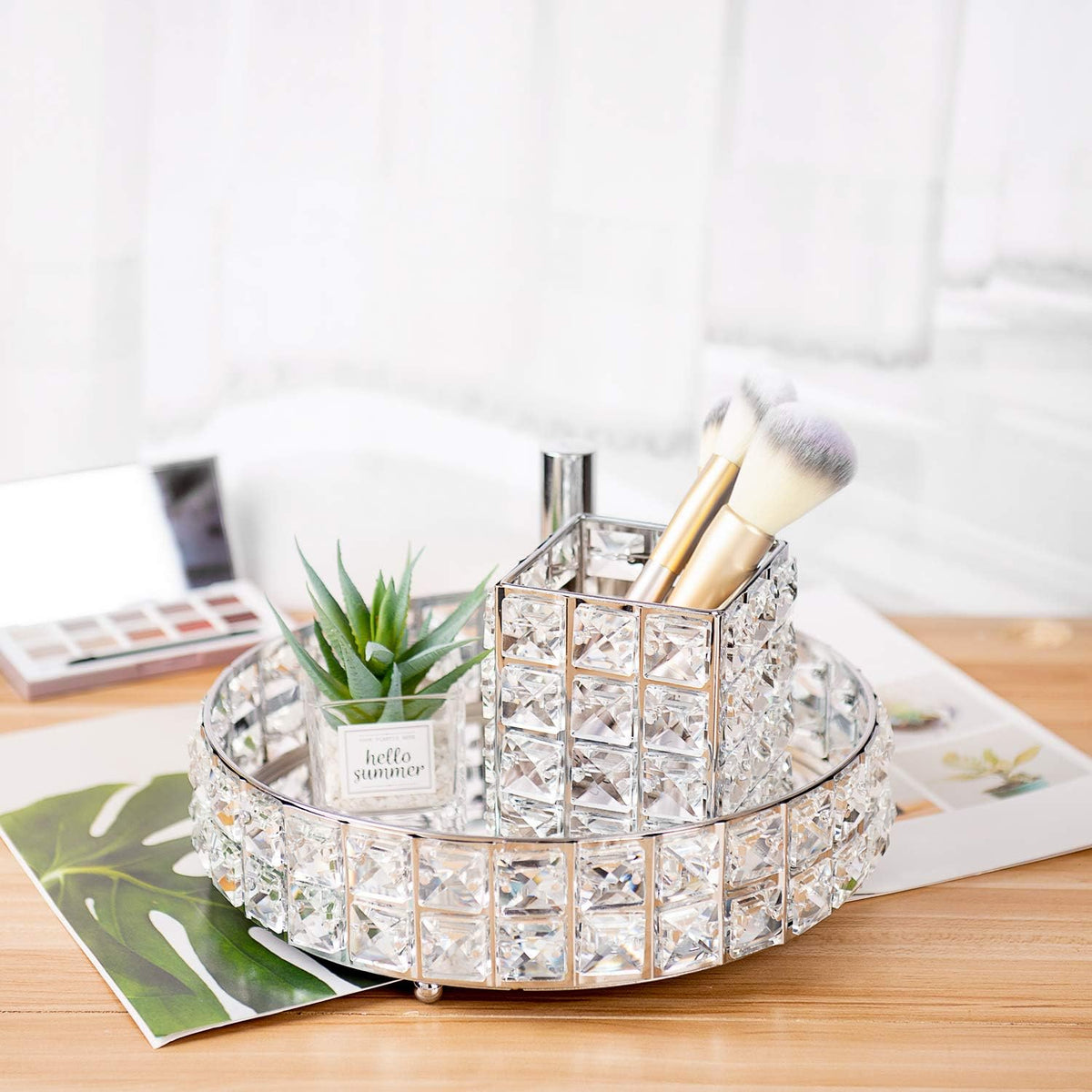 Versatile Crystal Perfume Tray stacked with a crystal makeup organizer box, creating an elegant beauty storage setup