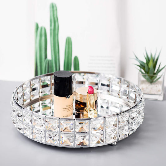 Feyarl Crystal Perfume Tray with sparkling crystal bead design and mirrored glass bottom for elegant jewelry and beauty storage