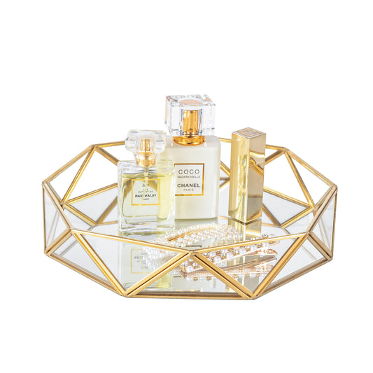 Feyarl Clear Glass Perfume Tray featuring a geometric design and mirrored surface for elegant jewelry and cosmetic display