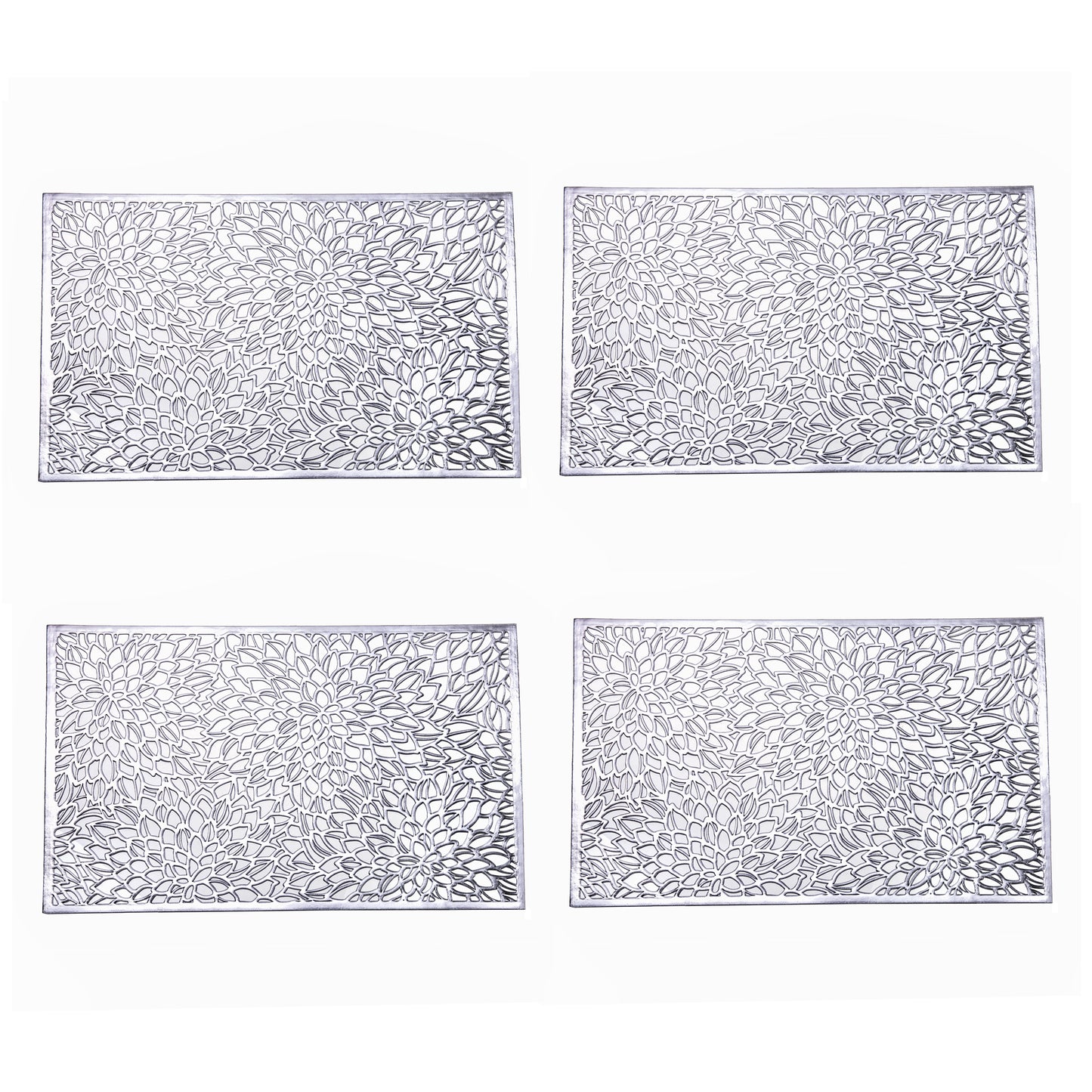 Feyarl Silver Reversible PVC Placemats Set with Metallic Woven Lace Design for Elegant Dining Table Protection