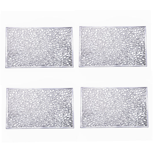 Feyarl Silver Reversible PVC Placemats Set with Metallic Woven Lace Design for Elegant Dining Table Protection