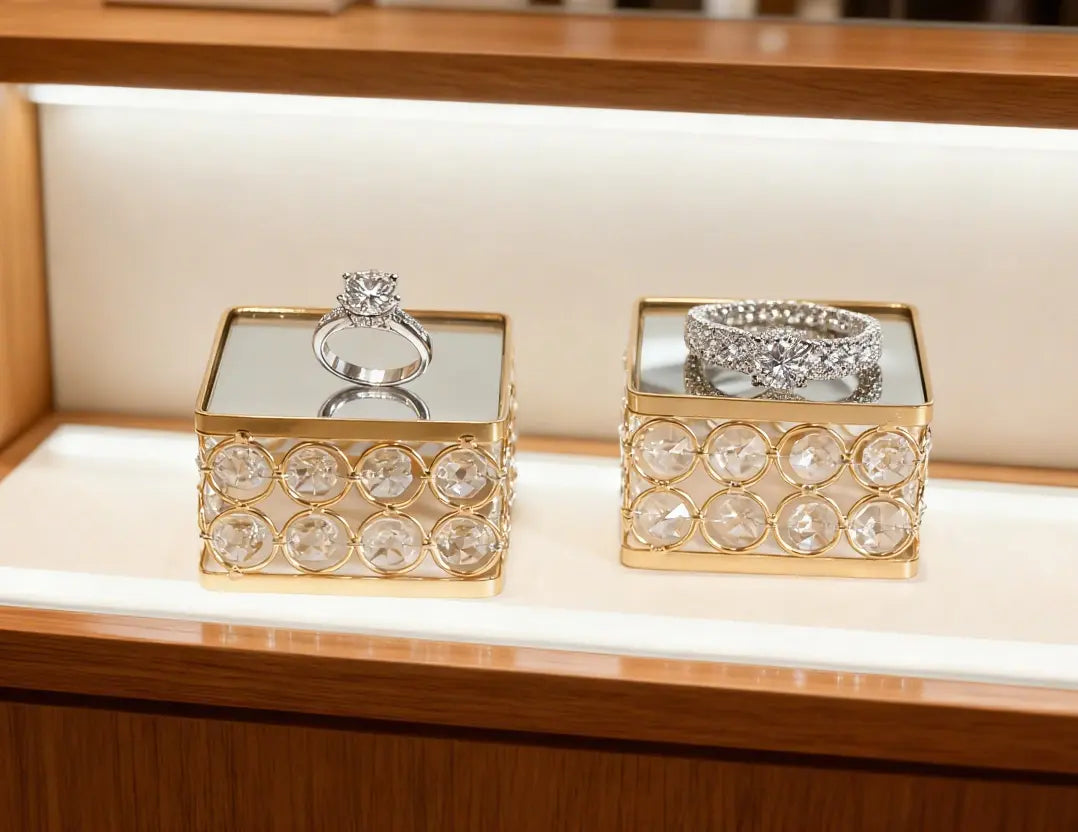 Gold Crystal Display Pedestal with jewelry displayed in a cabinet for an elegant showcase