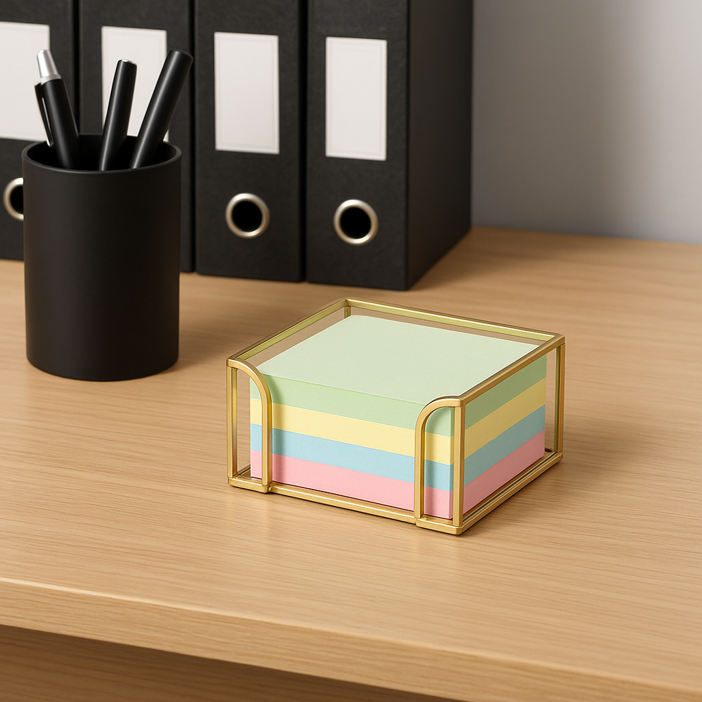 Glass Sticky Note Holder with 3x3 notes on an office desk, keeping reminders organized