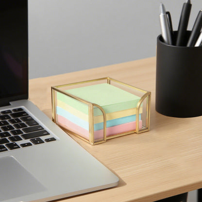 Sticky Note Holder with gold frame displaying notes on a desktop, an elegant gift choice for teachers, coworkers and women