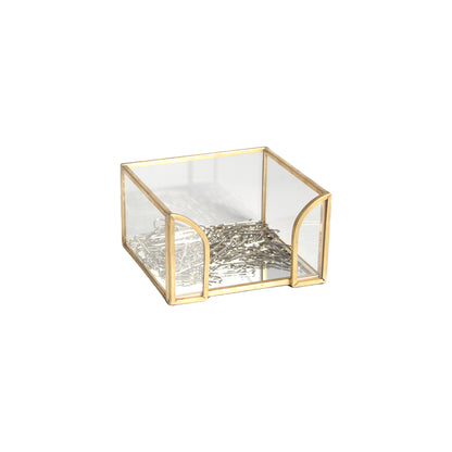 Sticky Note Holder with gold frame used as a stylish organizer for paper clips and small office supplies