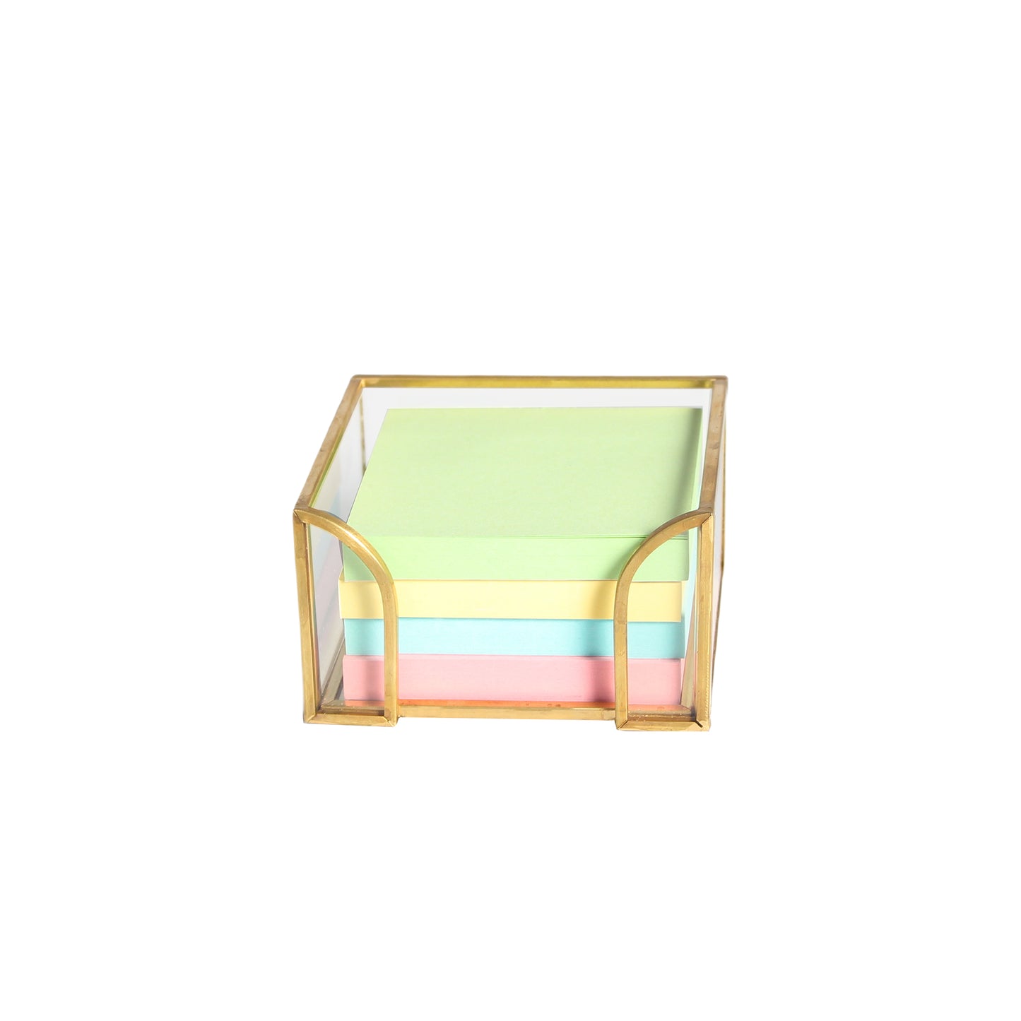 Gold Glass Sticky Note Holder front view with 3x3 sticky notes displayed for organized desktop storage