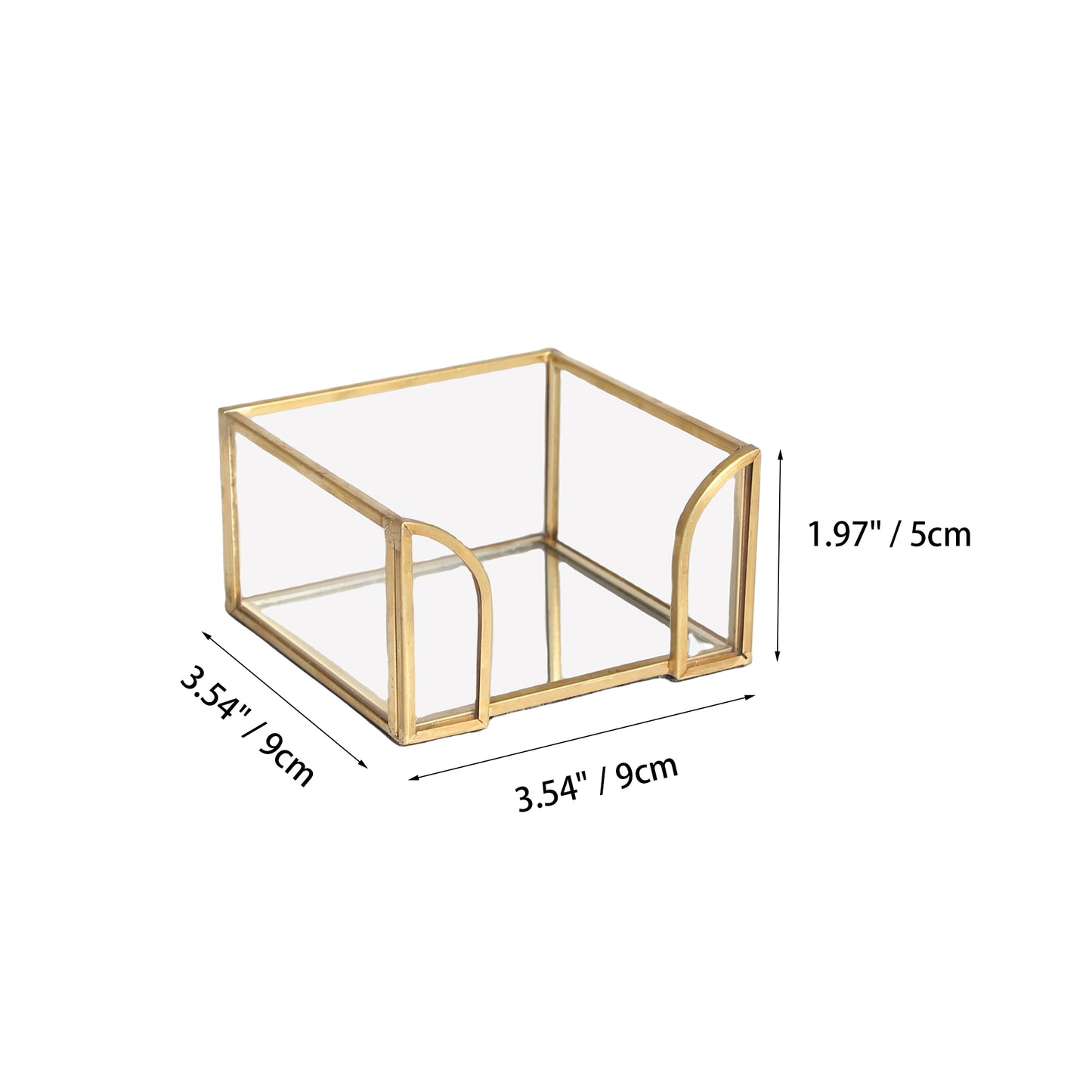 Glass Sticky Note Holder dimension chart highlighting the compact 3.54 × 3.54 × 1.97 inch desktop size