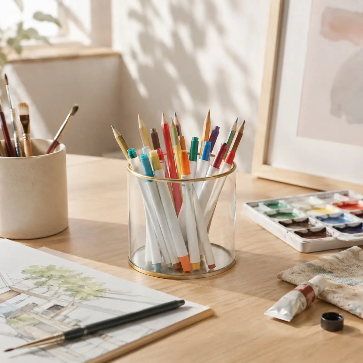 Multi-purpose Gold Glass Storage Container holding colored pencils and markers on a desktop with organized display