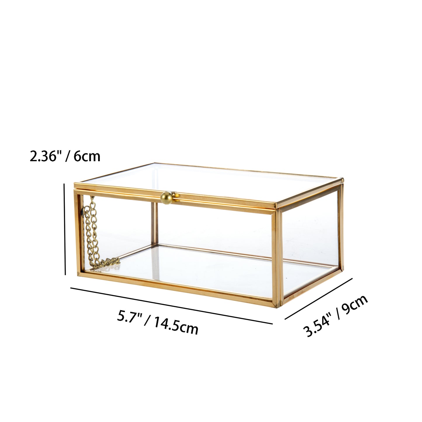 Gold Glass Storage Box showing 5.7 x 3.54 x 2.36 inch dimensions for accurate product size reference