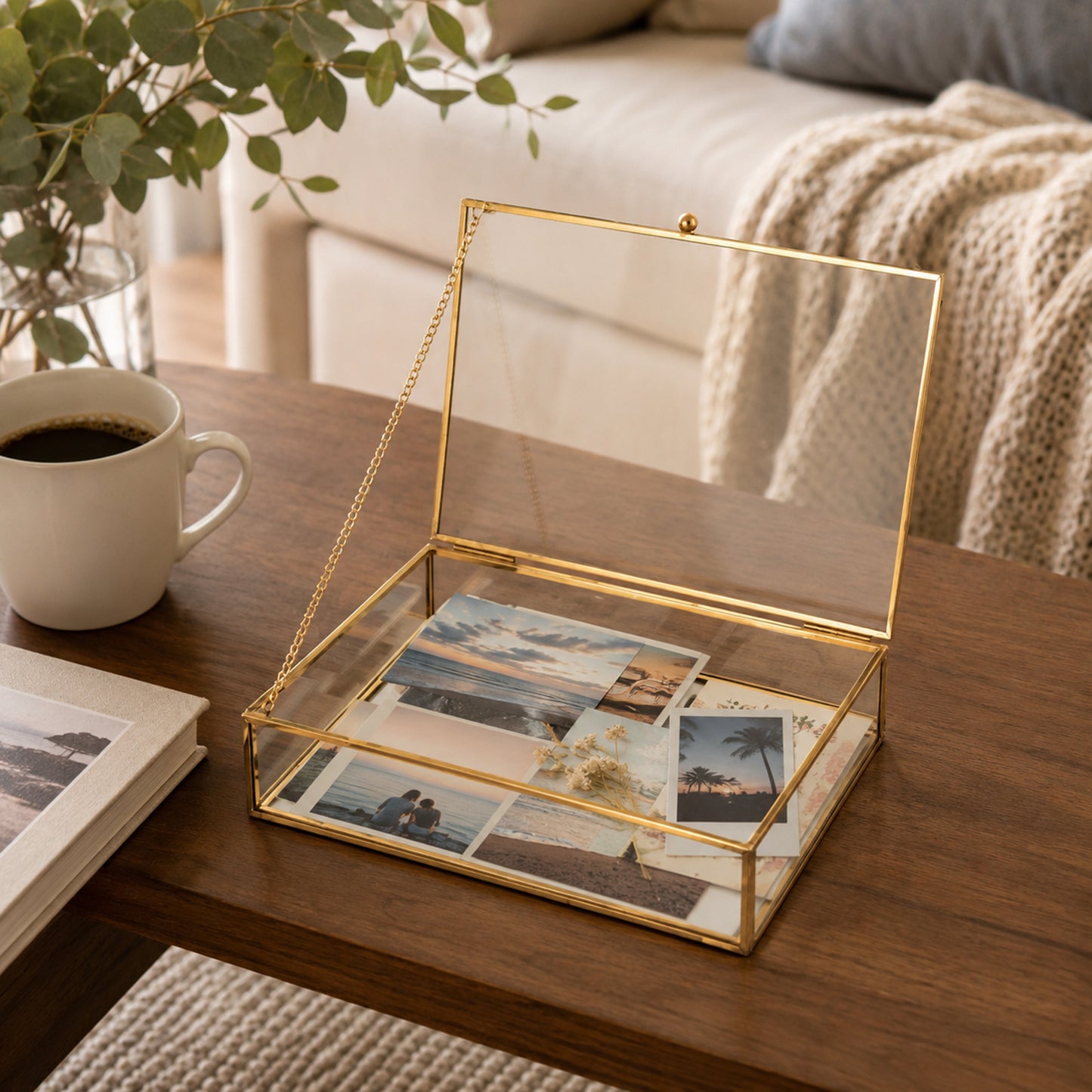 Gold Clear Glass Memory Box organizing travel photos with a dust-resistant design and elegant display style
