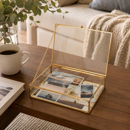 Gold Clear Glass Memory Box organizing travel photos with a dust-resistant design and elegant display style