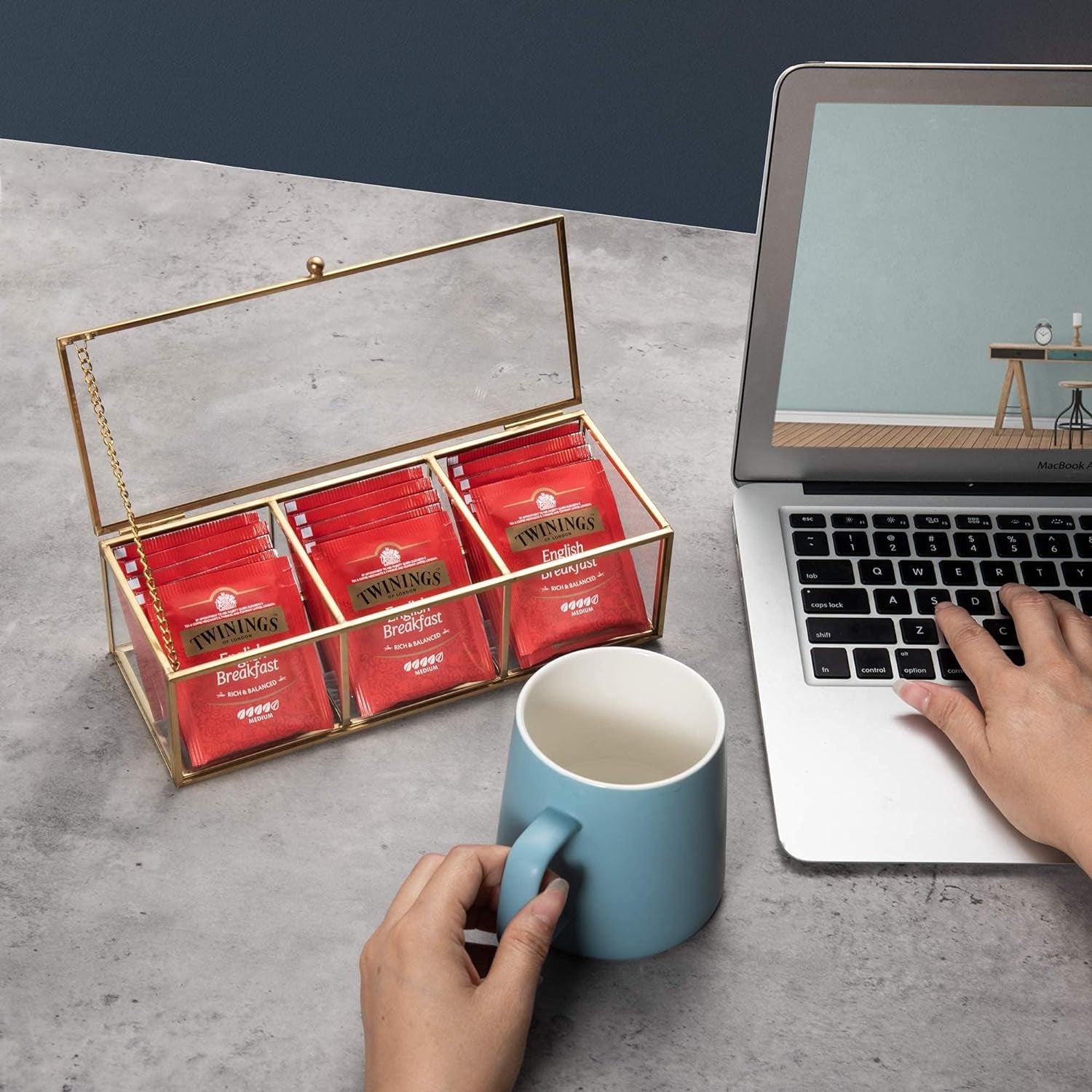 Gold Glass Storage Box with tea bags creating an elegant and accessible beverage station for daily use