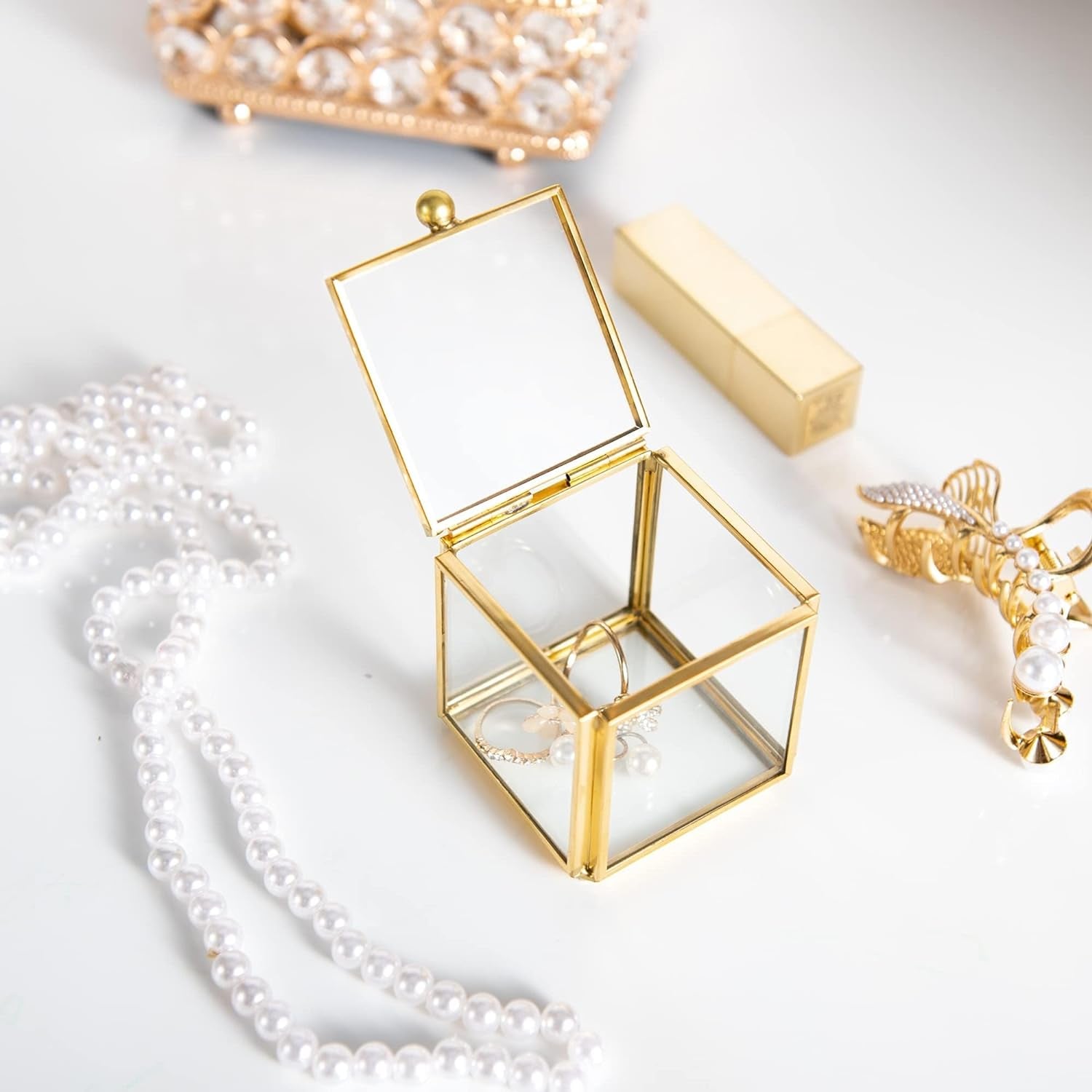 Small Gold Glass Jewelry Box organizing everyday jewelry to keep rings and accessories neatly stored