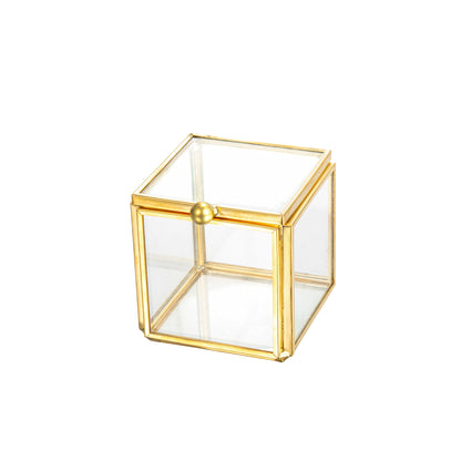 Feyarl Small Gold Glass Jewelry Box with elegant glass design and gold frame for displaying rings, earrings, and keepsakes
