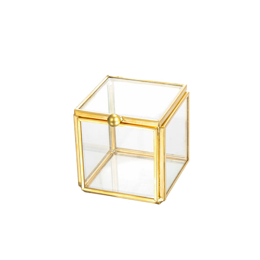 Feyarl Small Gold Glass Jewelry Box with elegant glass design and gold frame for displaying rings, earrings, and keepsakes