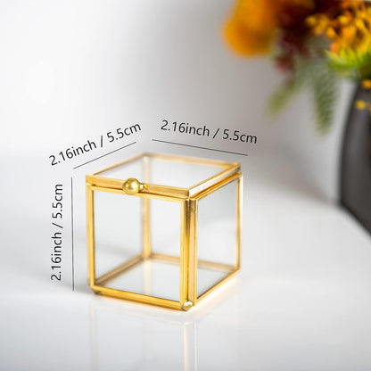 Small Gold Glass Jewelry Box showing 2.16 x 2.16 x 2.16 inch dimensions for accurate size reference