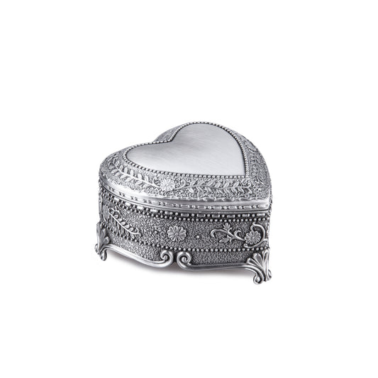 Compact Silver Trinket Box showcasing a romantic heart shape and detailed engraved surface with vintage charm