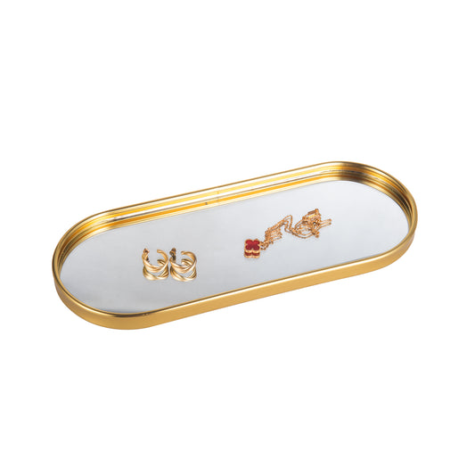 Feyarl Gold Mirror Oval Trinket Tray for jewelry and cosmetic organization with elegant display design