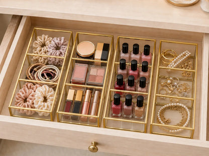 Multi-purpose Gold Glass Makeup Organizer Box organizing essentials in a drawer to keep items separated and tidy