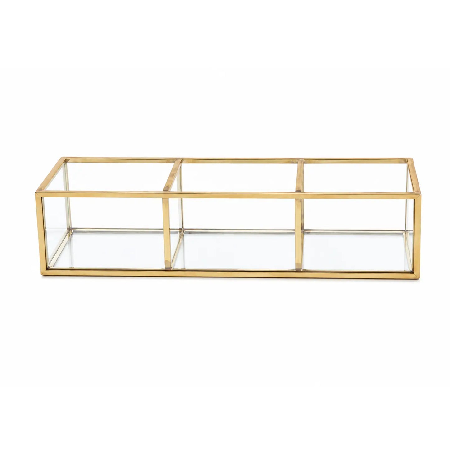 Glass Makeup Organizer Box with 3 compartments for elegant cosmetic storage and countertop organization