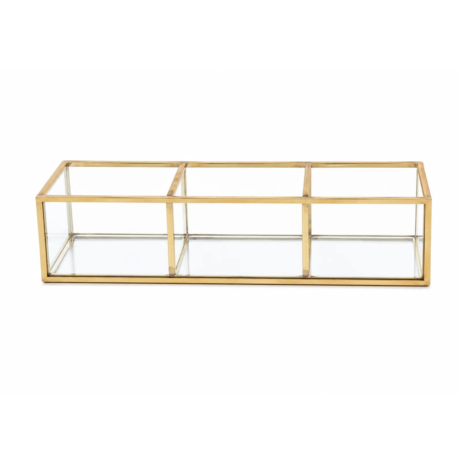 Glass Makeup Organizer Box with 3 compartments for elegant cosmetic storage and countertop organization