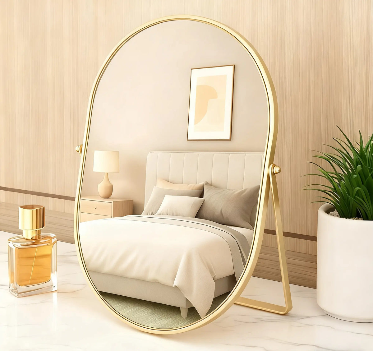 Oval Vanity Mirror with Gold Frame for Bedroom Décor and Stylish Tabletop Display