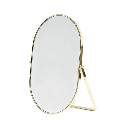 Feyarl Oval Vanity Mirror with Gold Metal Frame, 12 x 8 Inch Standing Makeup Mirror for Elegant Desktop Display