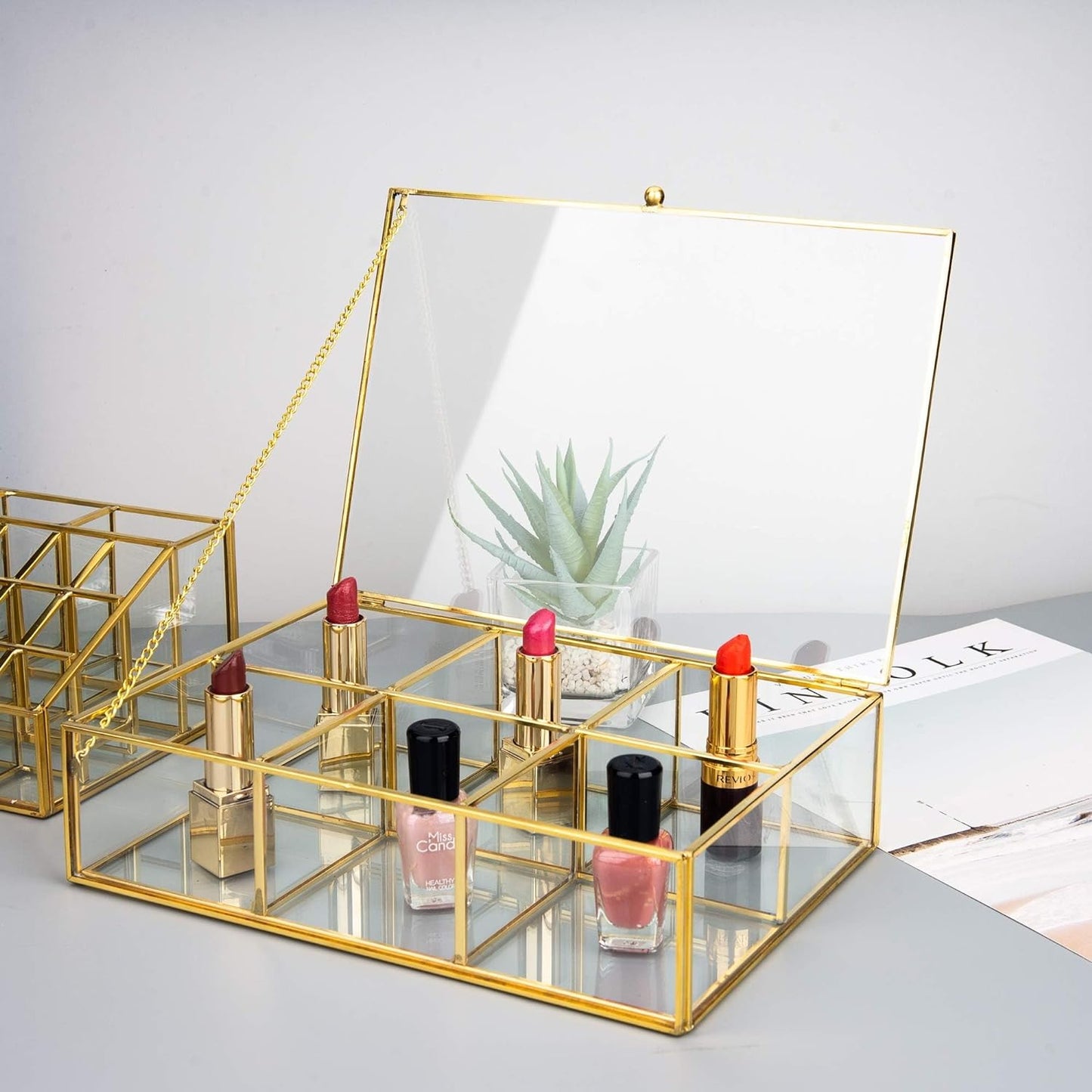 Gold Glass Accessory Box storing cosmetics for organized vanity storage and easy daily access